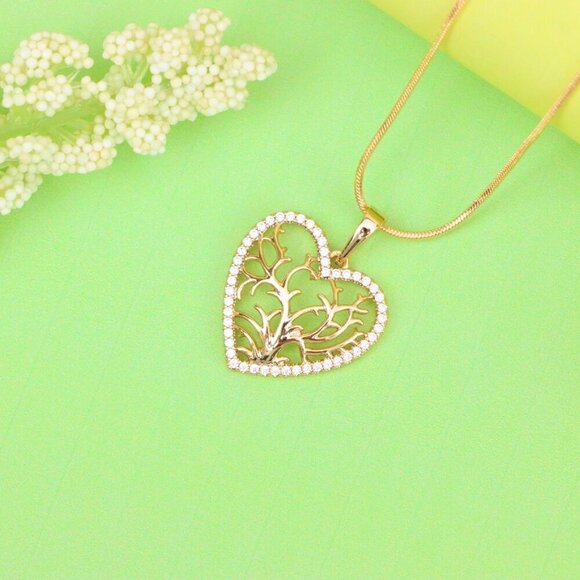 "Rose Gold Heart Pendant with Tree of Life Design and Crystal Border, XPPT1480 - Picture 8 of 12